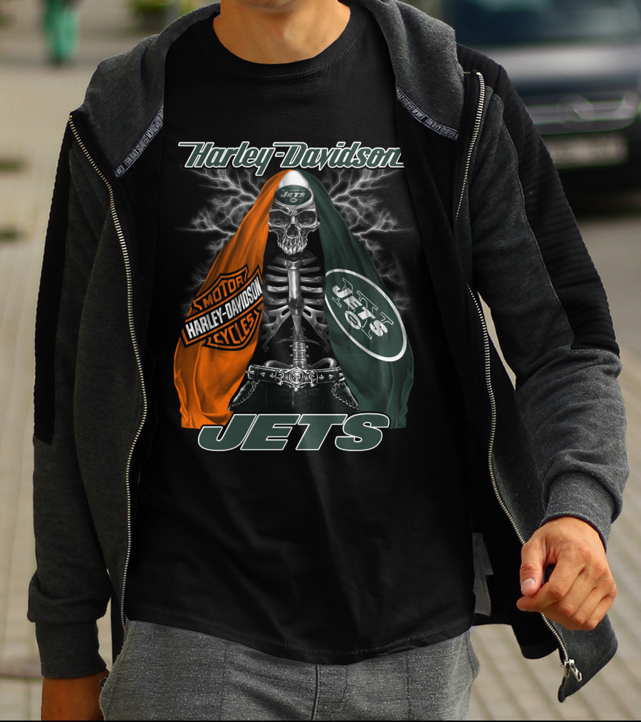 Harley Davidson New York Jets Skeleton With Flag And Lightning T-Shirt