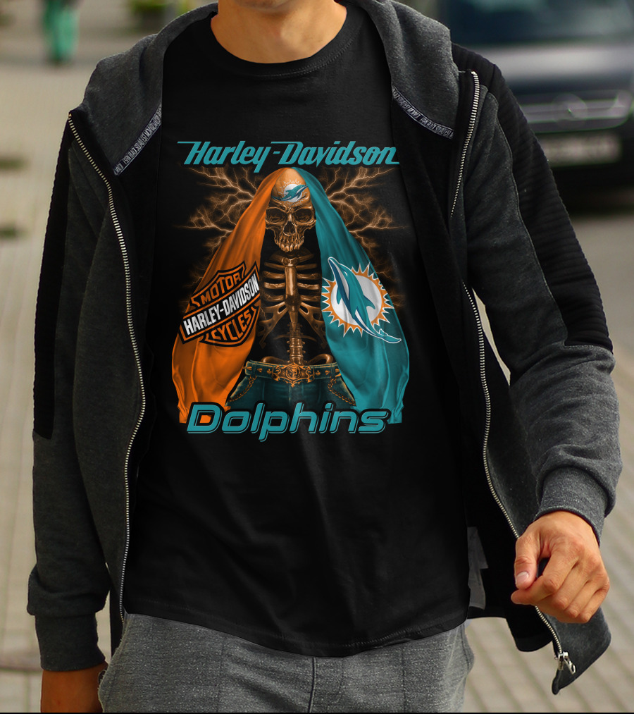 Harley Davidson Miami Dolphins Skeleton Motorcycles T-Shirt