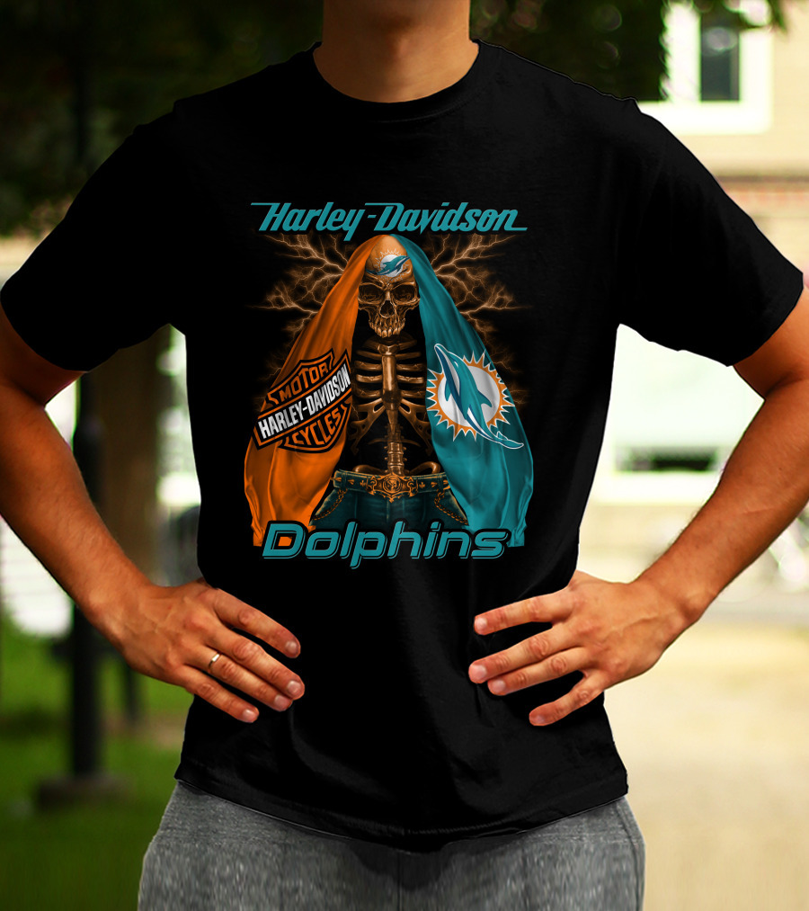 Harley Davidson Miami Dolphins Skeleton Motorcycles T-Shirt