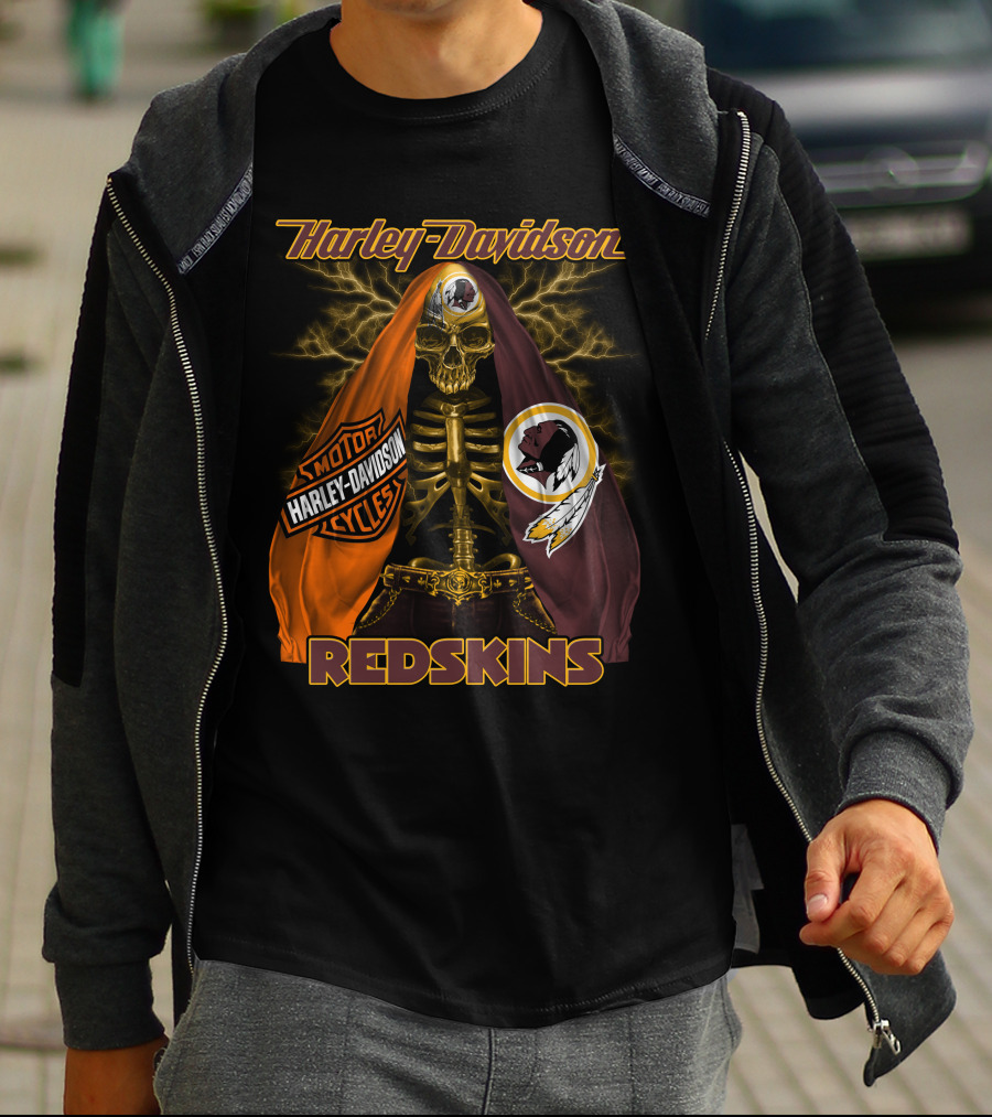 Harley Davidson Redskins Skeleton With Motorcycles And Team Emblems T-Shirt
