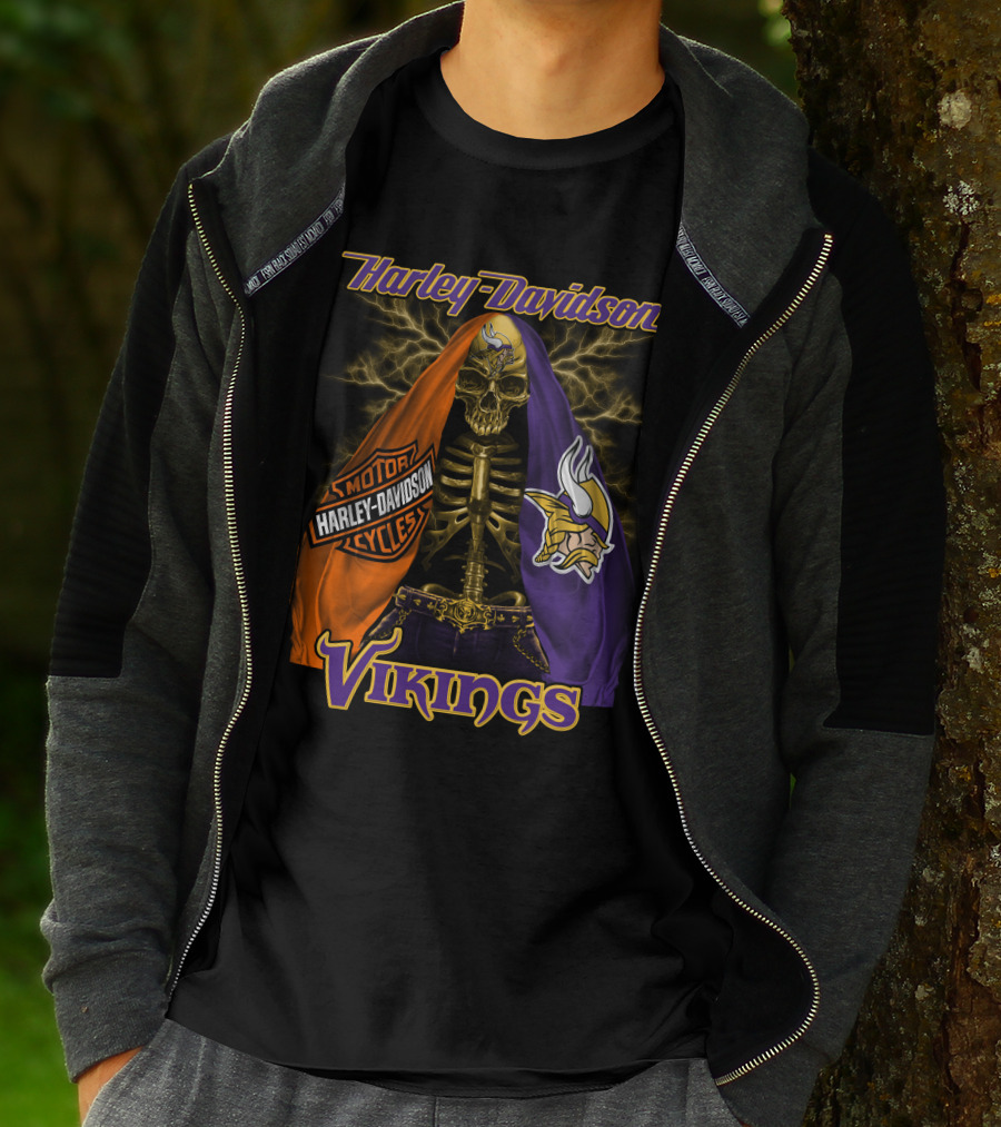 Harley Davidson Minnesota Vikings Motorcycle Skeleton T-Shirt