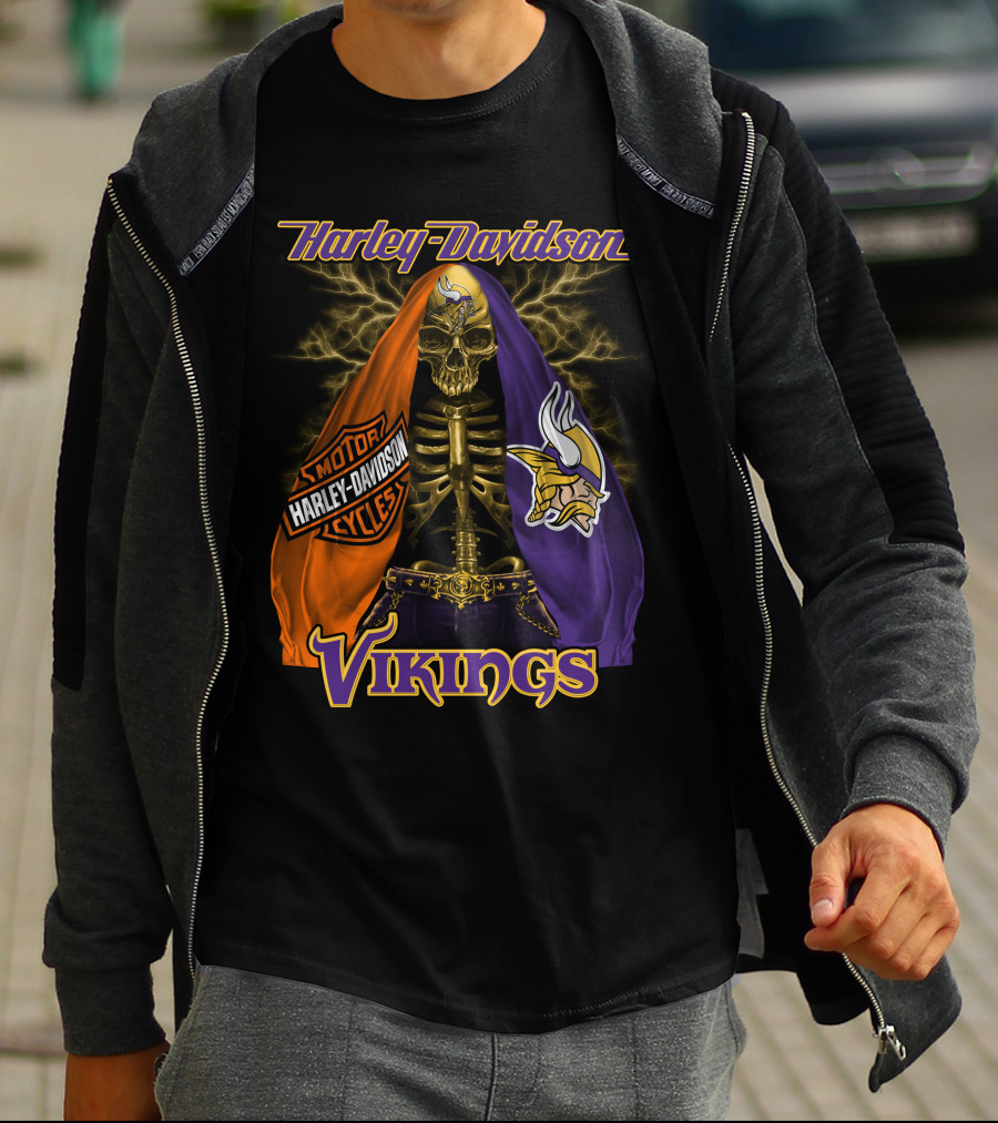 Harley Davidson Minnesota Vikings Motorcycle Skeleton T-Shirt