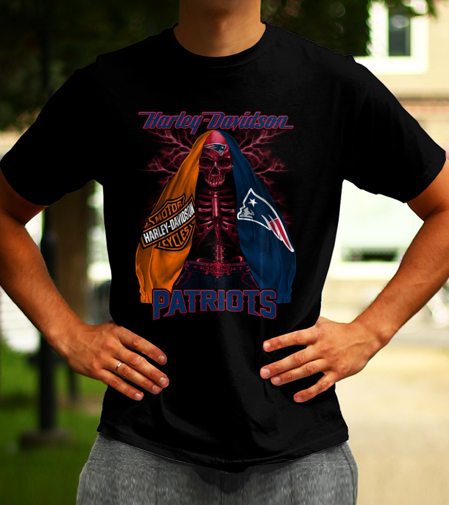 Harley Davidson New England Patriots Skull Logo Collaboration T-Shirt