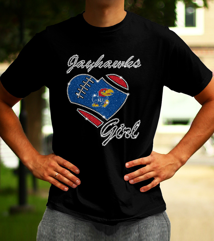 Jayhawks Girl Heart Ku Football T-Shirt