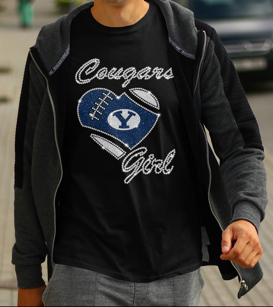 Byu Cougars Girl Football Heart Crystal T-Shirt