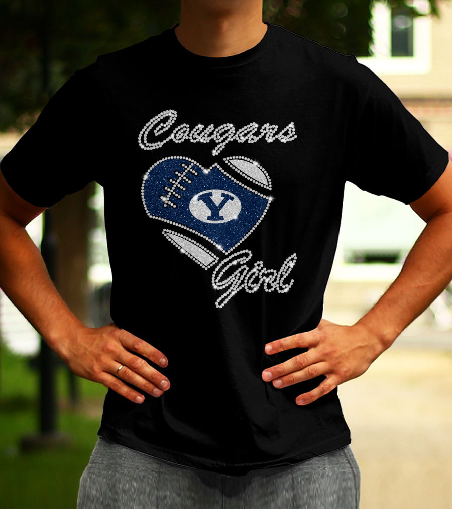 Byu Cougars Girl Football Heart Crystal T-Shirt