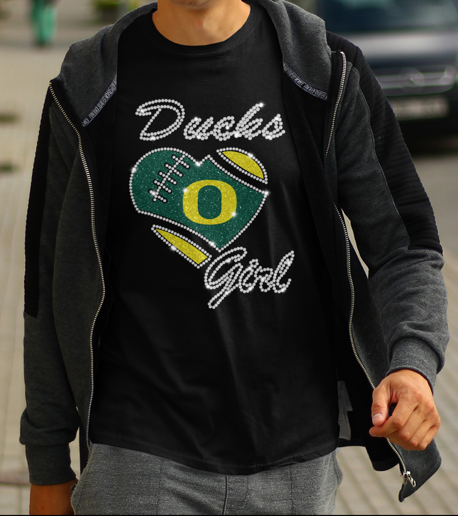 Oregon Ducks Girl Heart Football Sparkle T-Shirt
