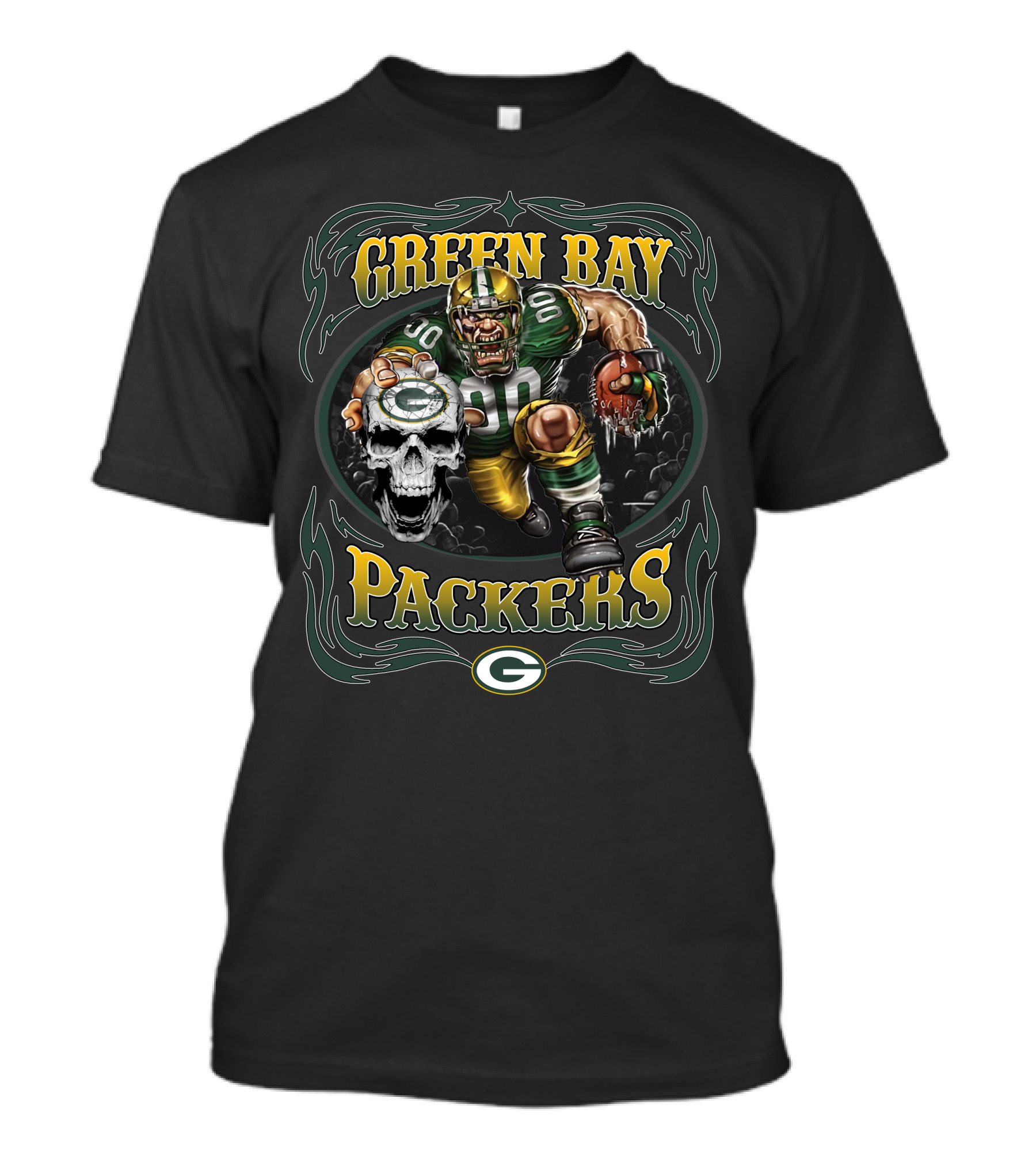 Green Bay Packers Fierce Football Warrior With Skull And Helmet T-Shirt