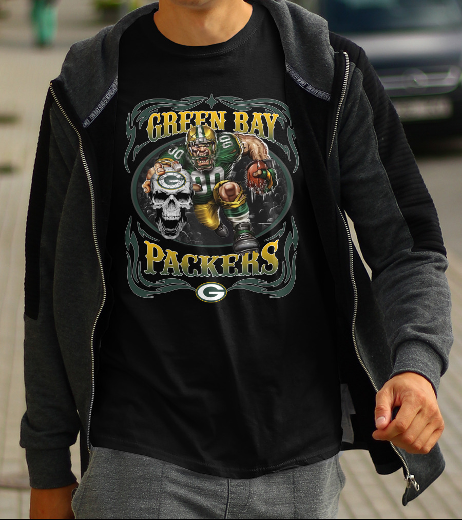 Green Bay Packers Fierce Football Warrior With Skull And Helmet T-Shirt