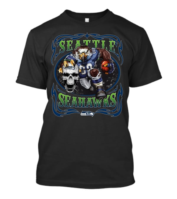 Seattle Seahawks Football Eagle Gridiron Skull On Black T-Shirt