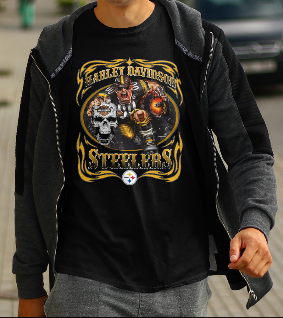 Harley Davidson Pittsburgh Steelers Football Skull Flame T-Shirt