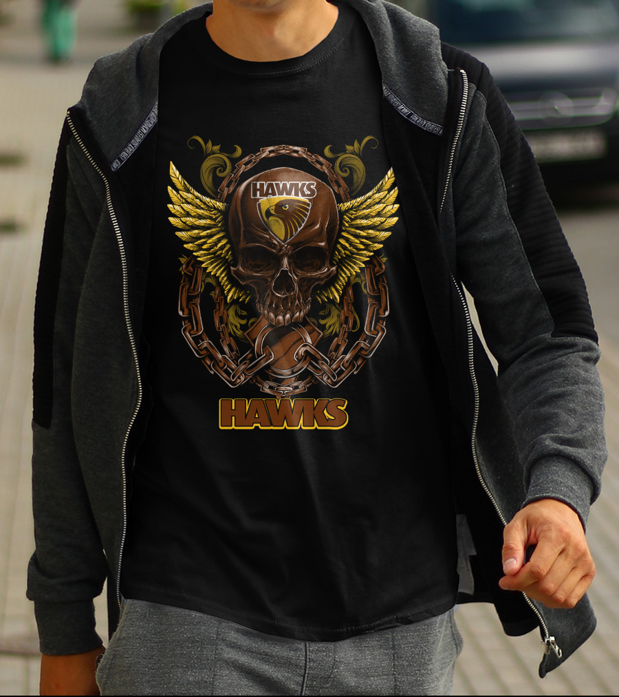 Hawthorn Hawks Skull With Wings And Chains T-Shirt