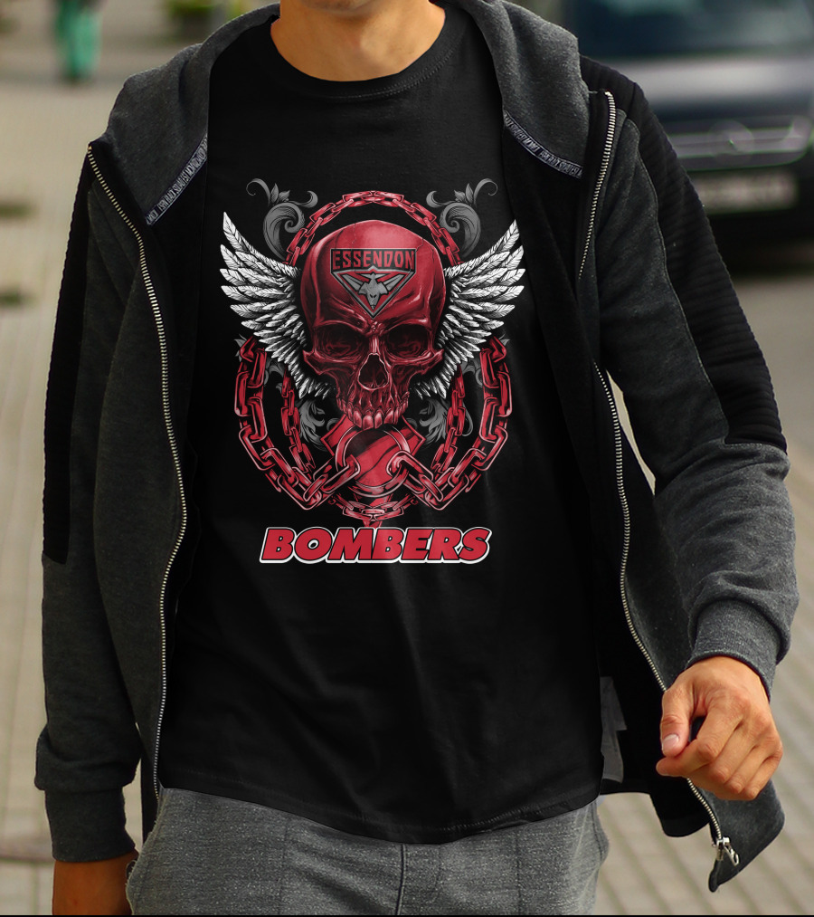 Essendon Bombers Skull With Wings And Chains T-Shirt