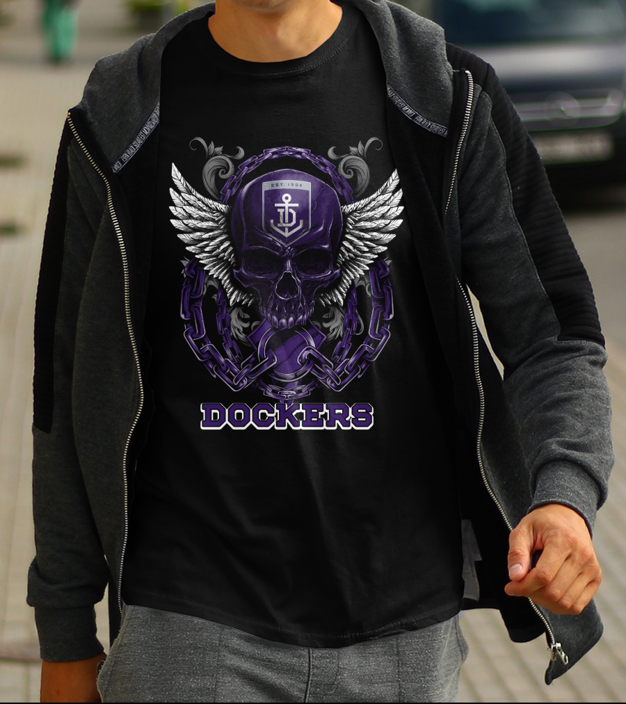 Fremantle Dockers Skull With Chains And Wings Design Est. 1994 T-Shirt