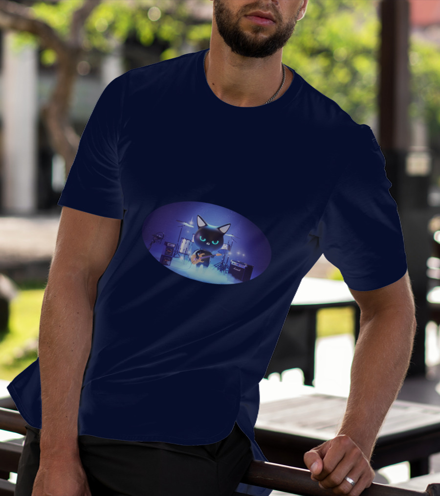 Cat Playing Guitar On Stage With Drums And Amps T-Shirt