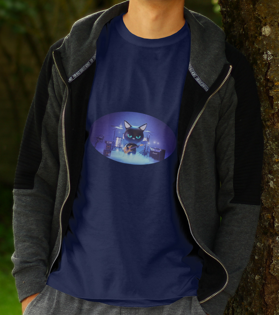 Cat Playing Guitar On Stage With Drums And Amps T-Shirt