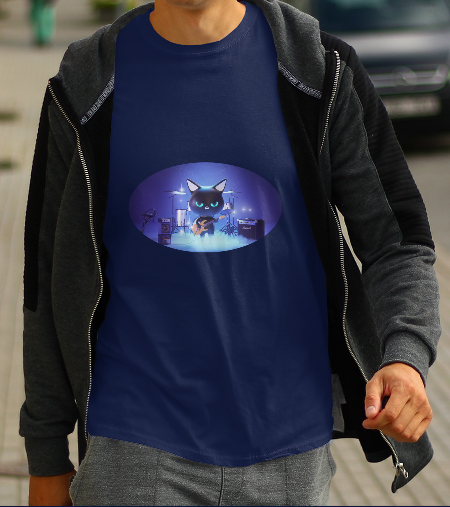 Cat Playing Guitar On Stage With Drums And Amps T-Shirt