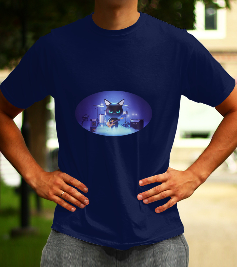 Cat Playing Guitar On Stage With Drums And Amps T-Shirt