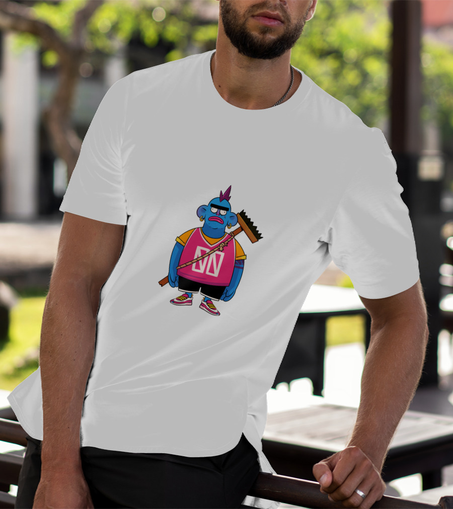 DA CREW Blue Cartoon Character With Broom And Purple Mohawk T-Shirt