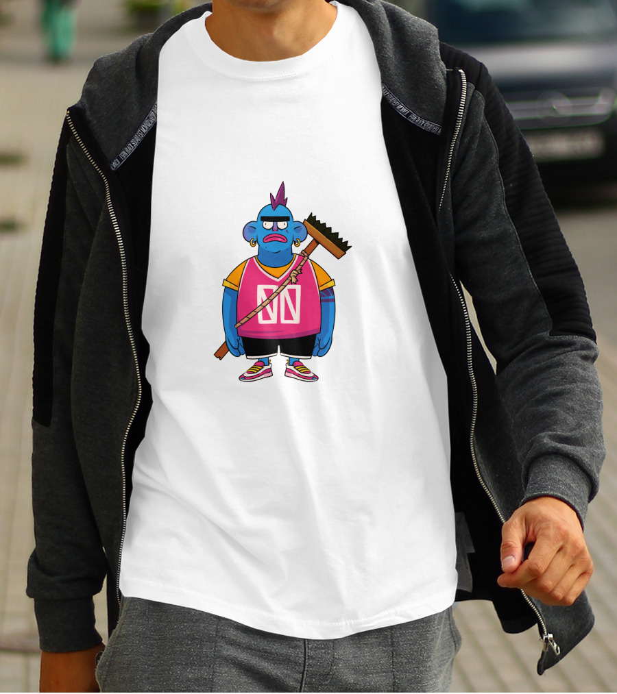 DA CREW Blue Cartoon Character With Broom And Purple Mohawk T-Shirt