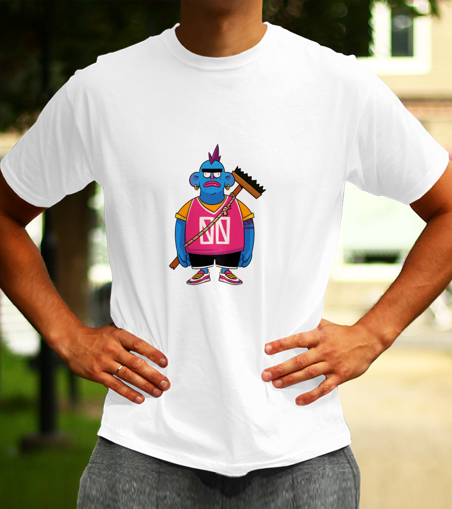 DA CREW Blue Cartoon Character With Broom And Purple Mohawk T-Shirt