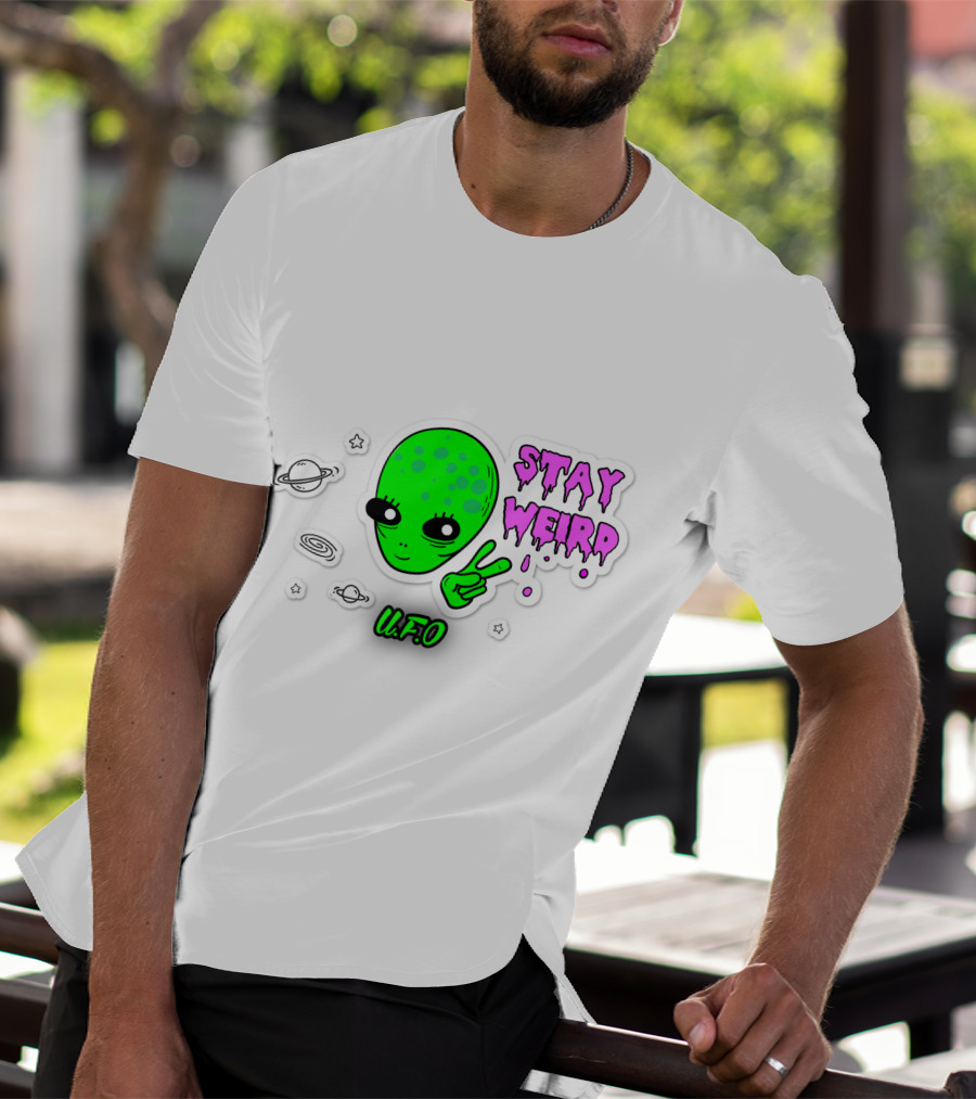 Stay Weird U.F.O. Alien Peace Sign Planet Stickers T-Shirt