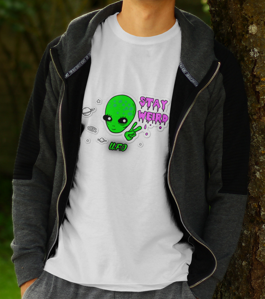 Stay Weird U.F.O. Alien Peace Sign Planet Stickers T-Shirt