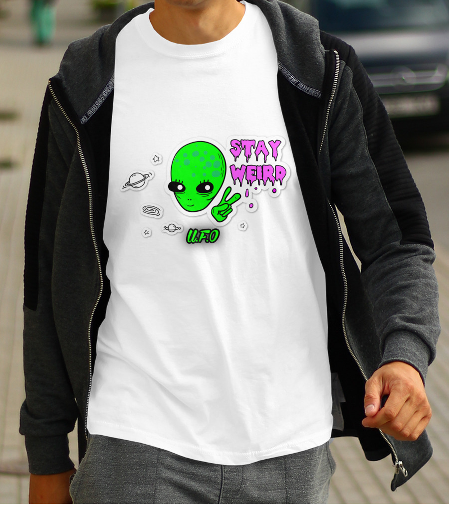 Stay Weird U.F.O. Alien Peace Sign Planet Stickers T-Shirt