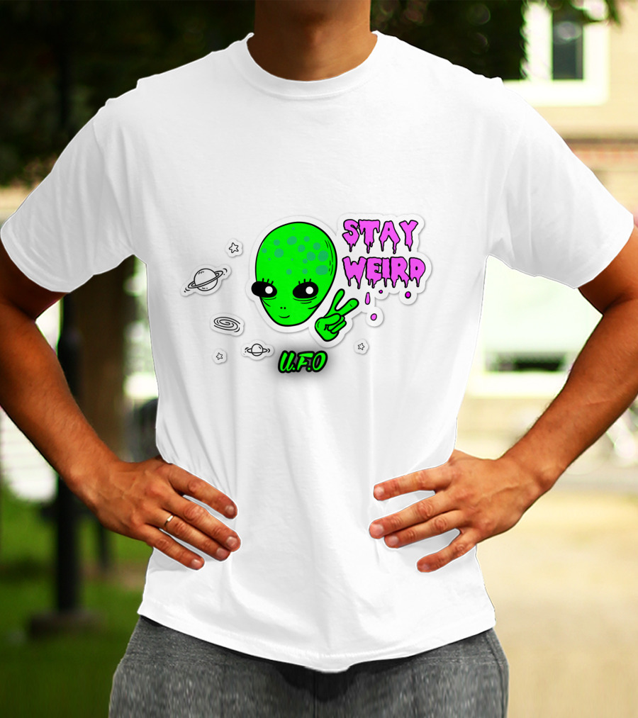 Stay Weird U.F.O. Alien Peace Sign Planet Stickers T-Shirt