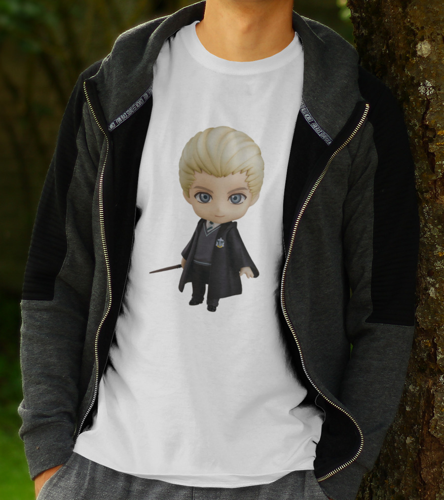 Draco Malfoy Chibi Character In Black Cloak Displaying Wand T-Shirt