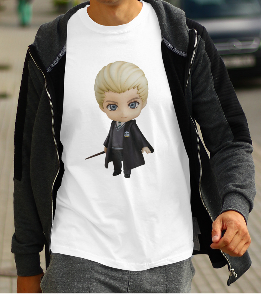 Draco Malfoy Chibi Character In Black Cloak Displaying Wand T-Shirt