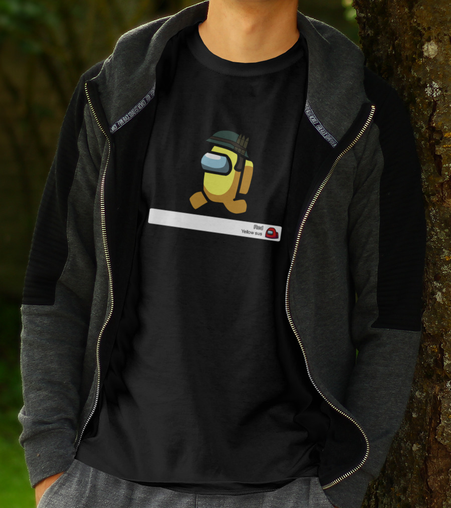 Among Us Yellow Sus Game Character With Helmet And Chat Text T-Shirt