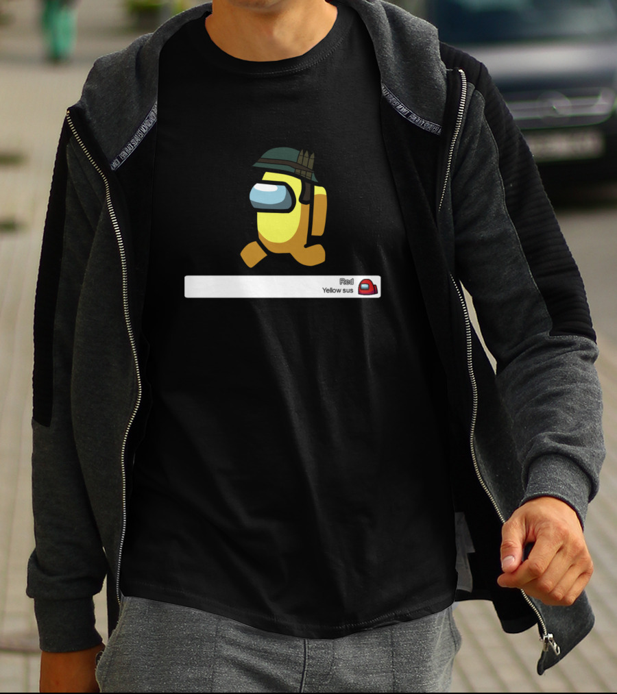 Among Us Yellow Sus Game Character With Helmet And Chat Text T-Shirt