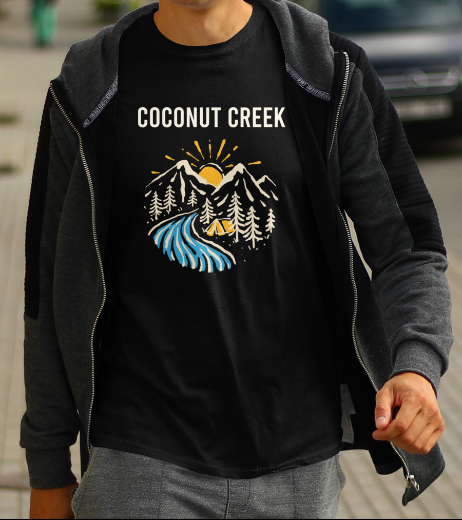 Coconut Creek Mountains Sunrise And River Camping Scene T-Shirt