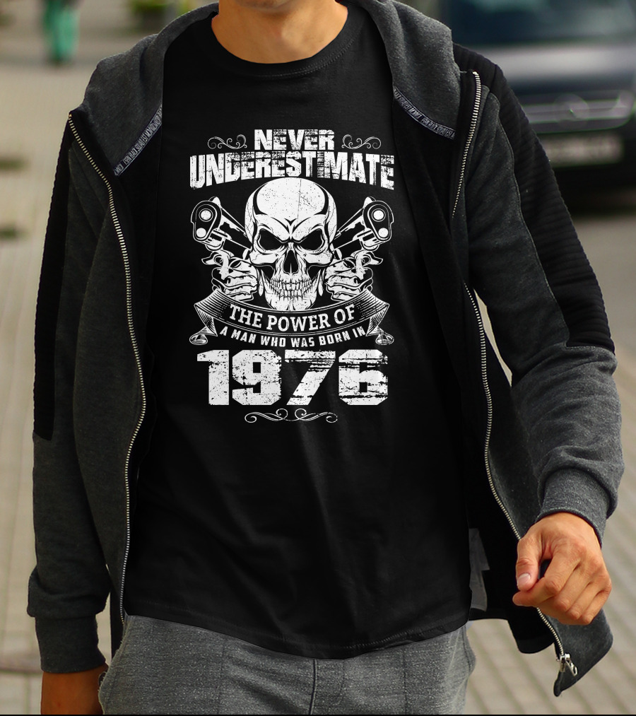 Never Underestimate The Power Of A Man Who Was Born In 1976 Skull And Pistons T-Shirt