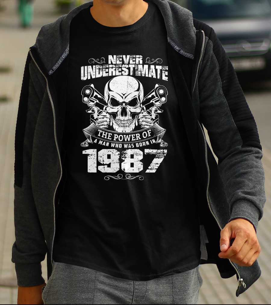 Never Underestimate The Power Of A Man Born In 1987 With Skull And Pistons T-Shirt