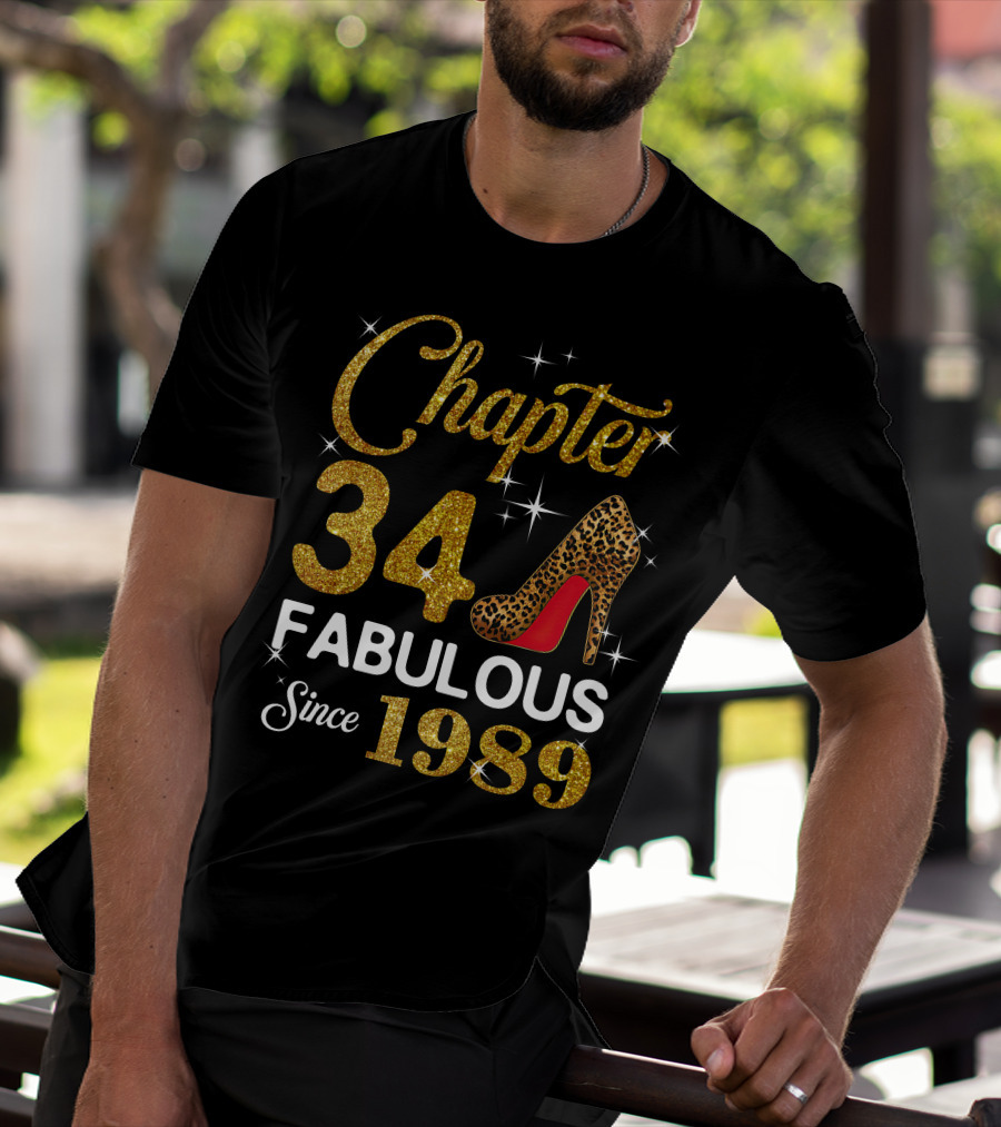 Chapter 34 Fabulous Since 1989 Golden Glitter Leopard Print Heel T-Shirt