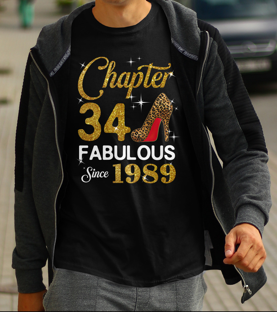Chapter 34 Fabulous Since 1989 Golden Glitter Leopard Print Heel T-Shirt
