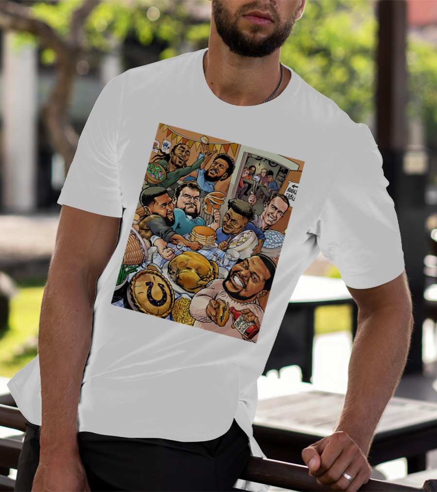 Indianapolis Colts Thanksgiving Feast Cartoon With NFL Players Celebrating T-Shirt