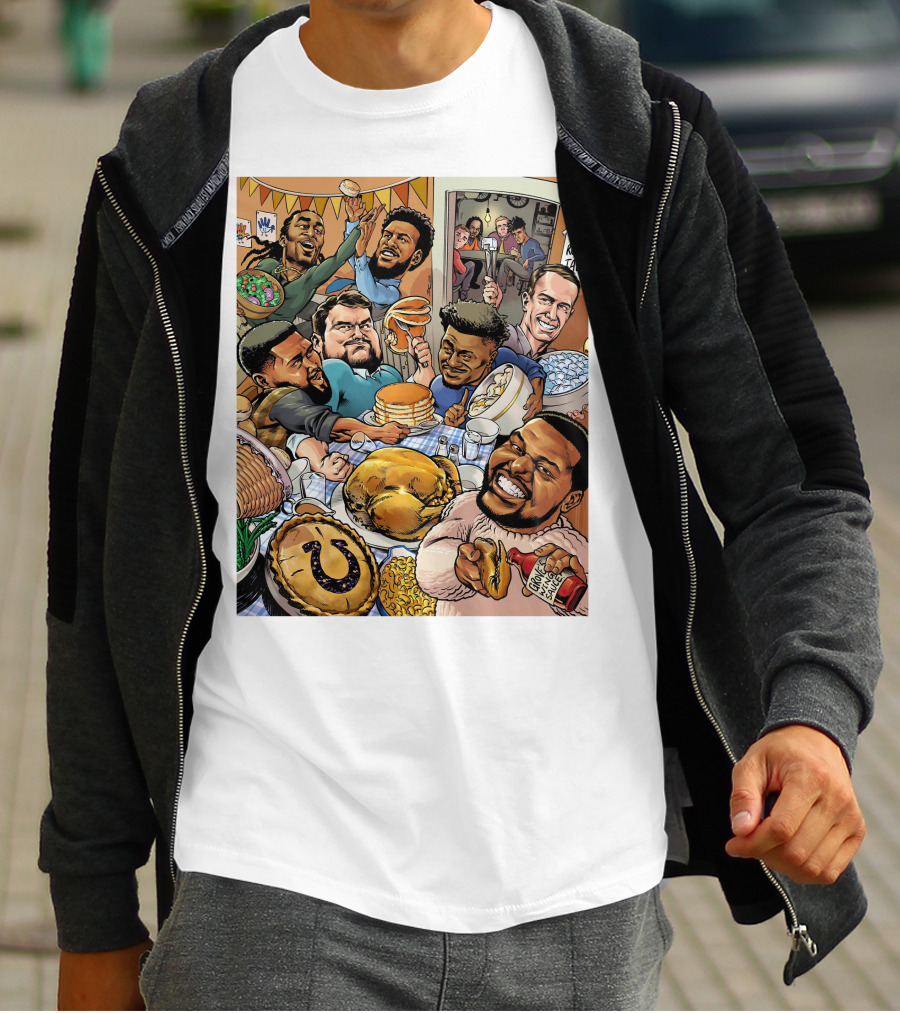 Indianapolis Colts Thanksgiving Feast Cartoon With NFL Players Celebrating T-Shirt