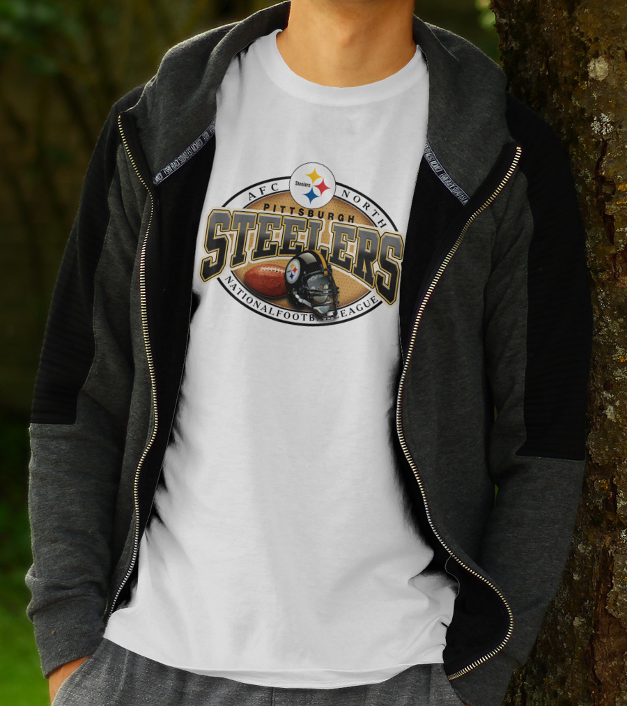 Pittsburgh Steelers AFC North National Football League Logo And Helmet With Football On Grey Background T-Shirt