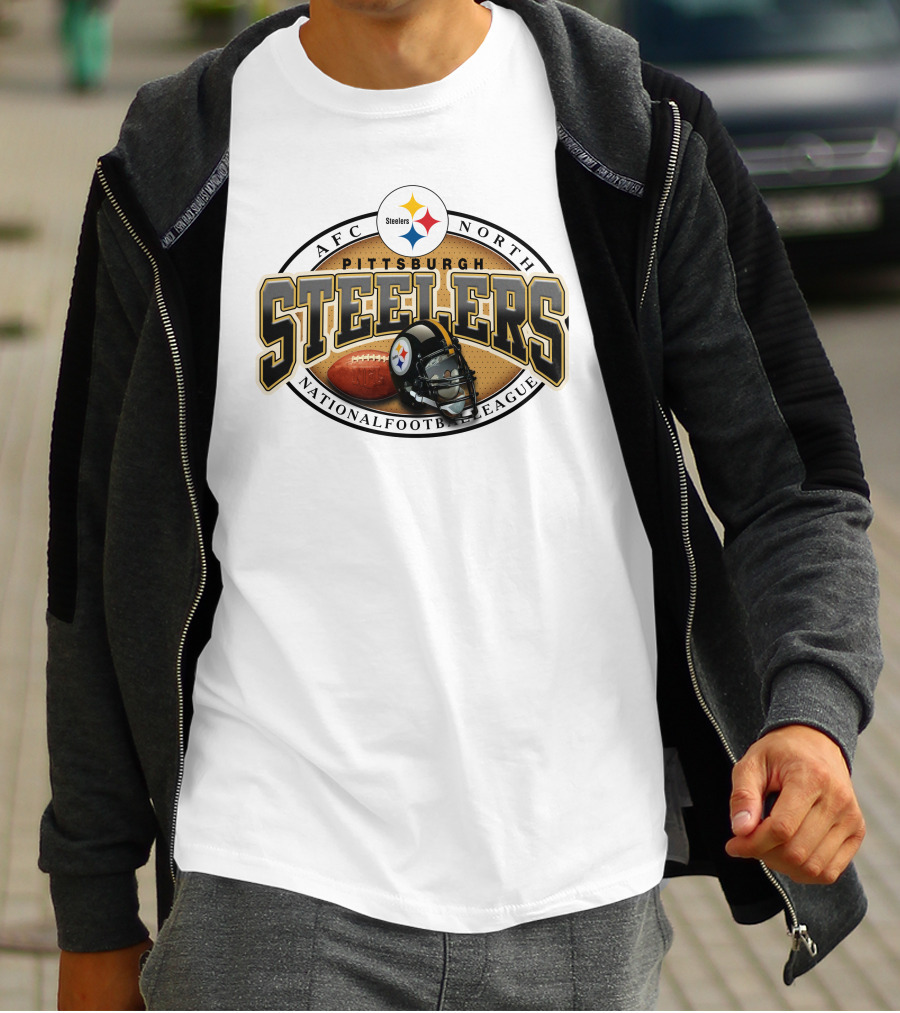 Pittsburgh Steelers AFC North National Football League Logo And Helmet With Football On Grey Background T-Shirt