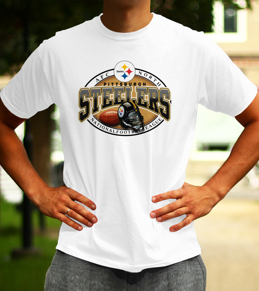 Pittsburgh Steelers AFC North National Football League Logo And Helmet With Football On Grey Background T-Shirt