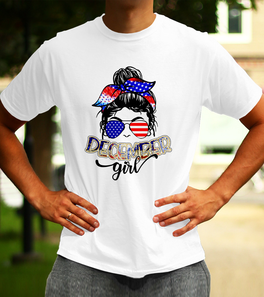 December Girl American Flag Bandana And Sunglasses T-Shirt