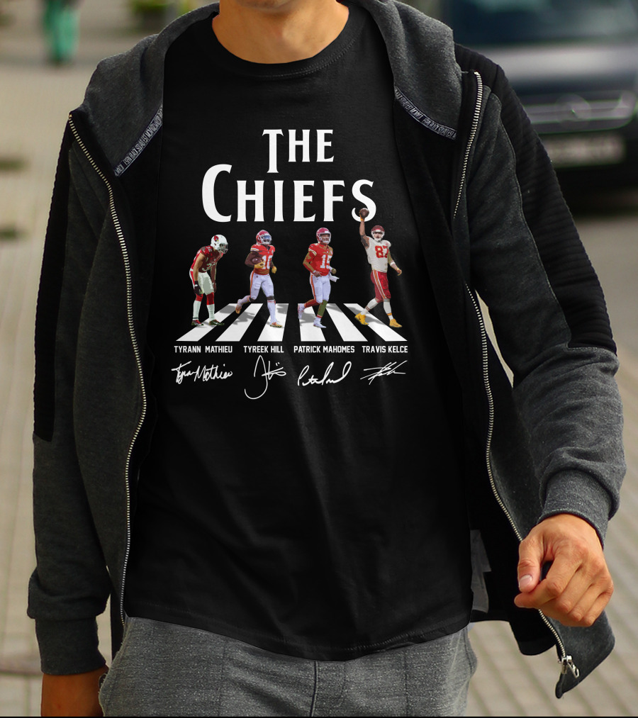 The Chiefs Tyrann Mathieu Tyreek Hill Patrick Mahomes Travis Kelce Signatures Football Abbey Road T-Shirt