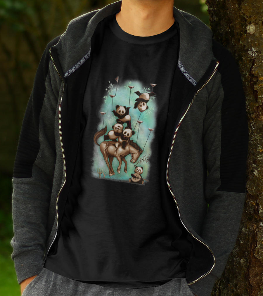 Acrobatic Rodeo Panda Trio Balancing On Horse With Bamboo And Musical Notes T-Shirt