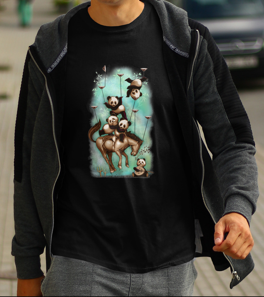Acrobatic Rodeo Panda Trio Balancing On Horse With Bamboo And Musical Notes T-Shirt