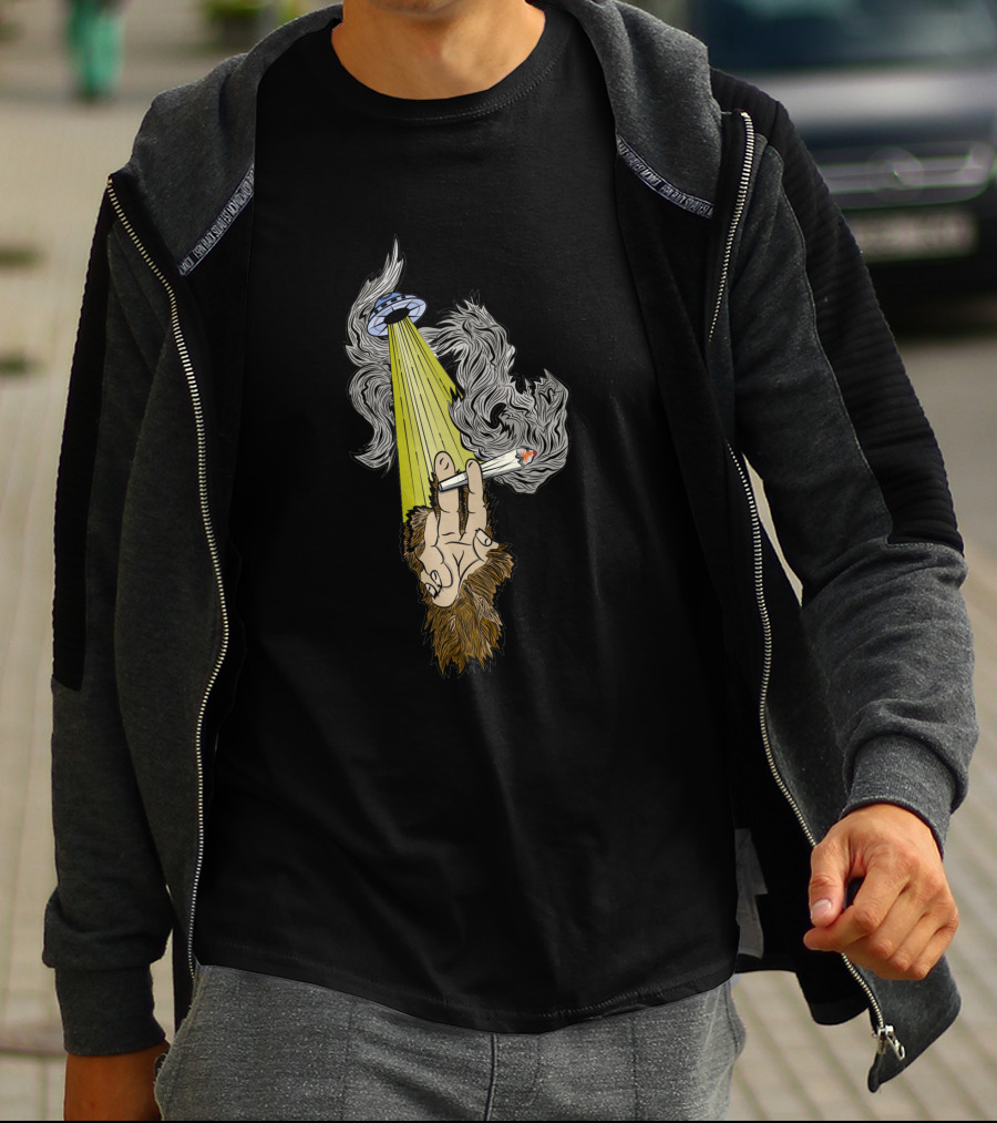 UFO Encounter With Sasquatch Smoking In Alien Light Beam T-Shirt