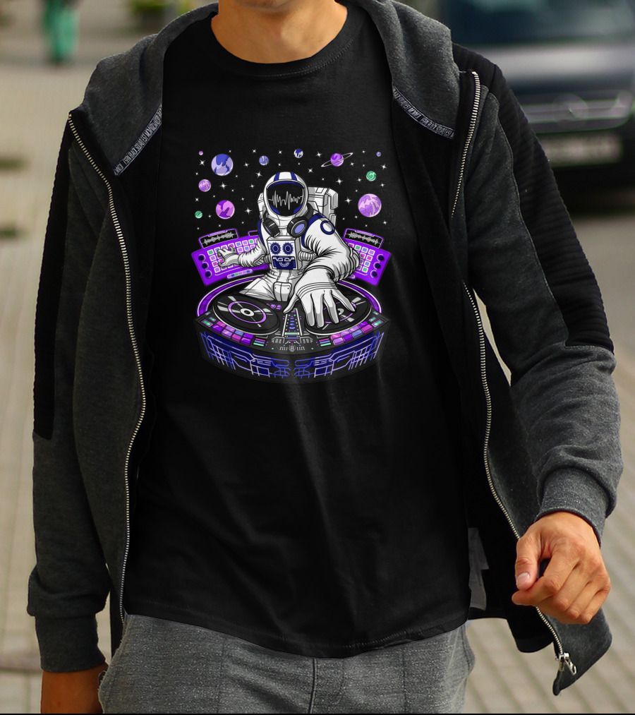Astronaut DJ Mixing Beats With Planetary Backdrop 1382302 T-Shirt