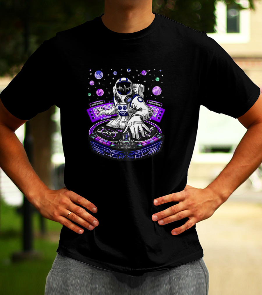 Astronaut DJ Mixing Beats With Planetary Backdrop 1382302 T-Shirt